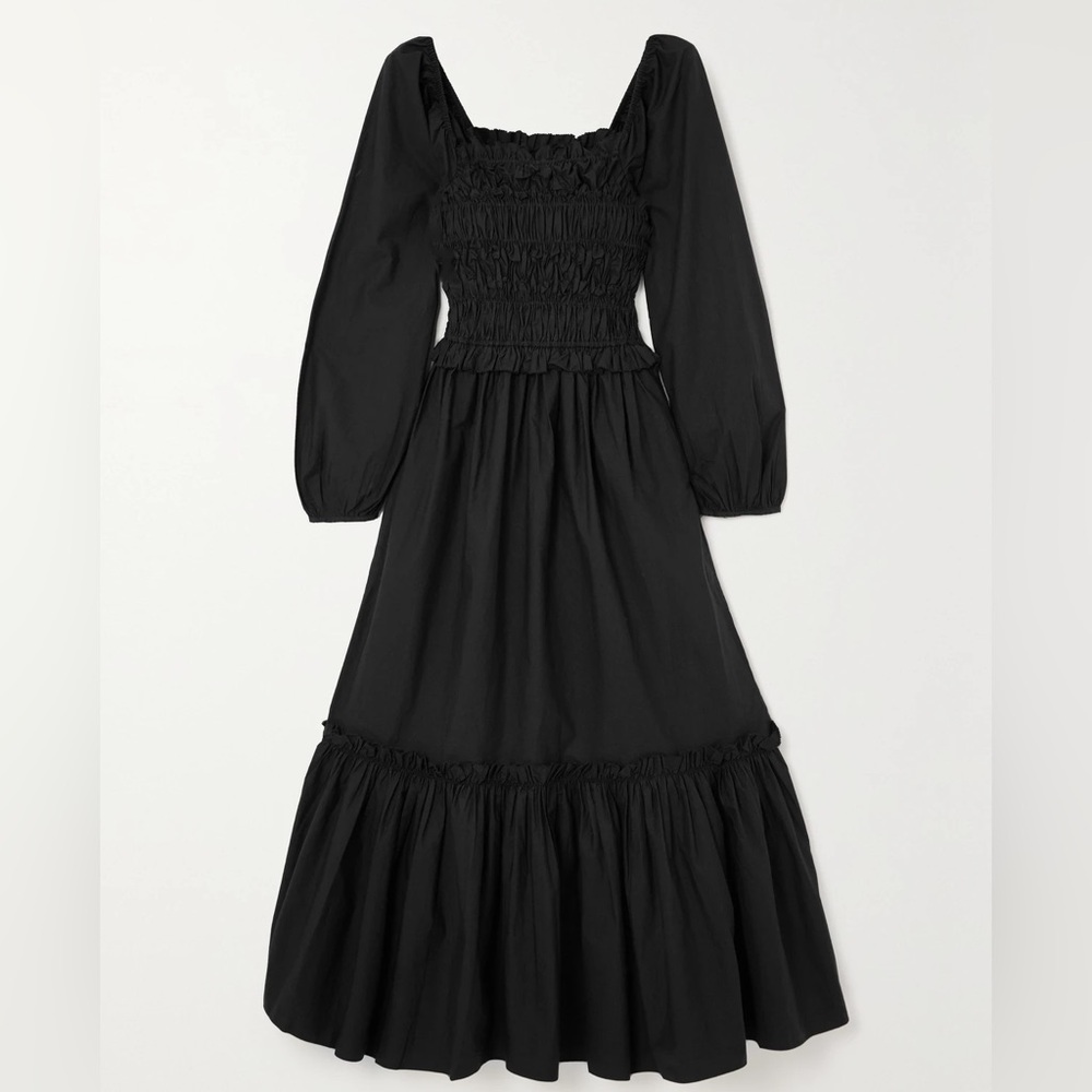NWT CARA CARA shirred natella smocked poplin cotton midi dress puff sleeve M